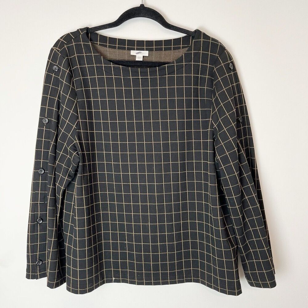 J Jill Top Womens XL Black/ Tan Grid Pattern Career  Pullover Blouse Plaid​​
